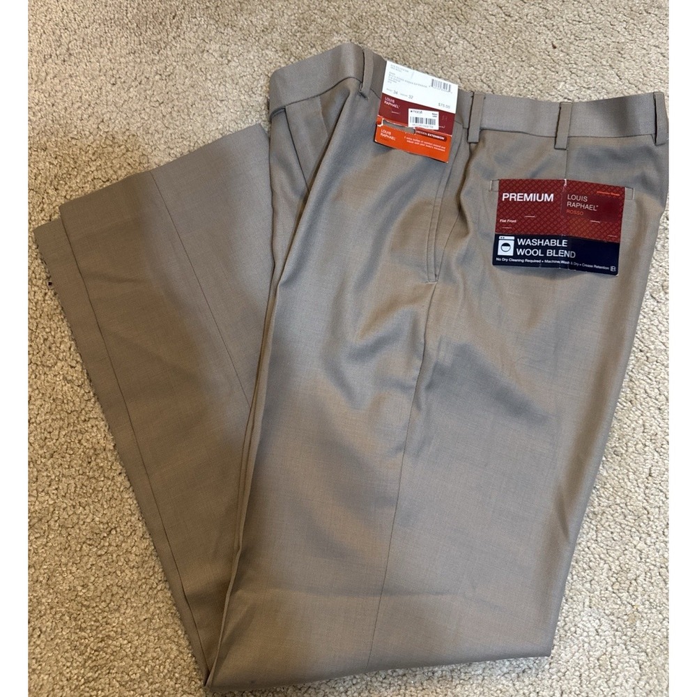 Mens Louis Raphael Wool Blend Sand Chino Pants (Flat Front) 34x32